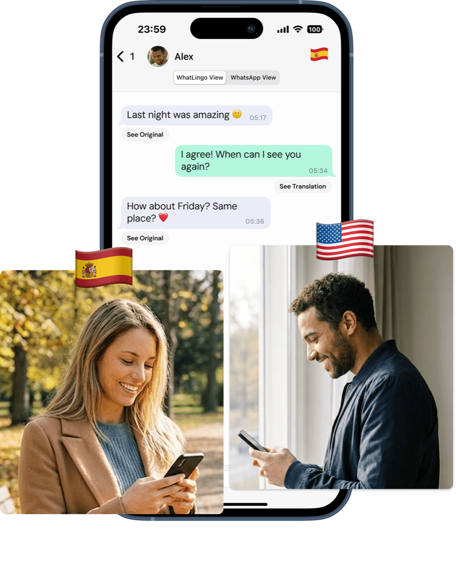 WhatLingo showing a WhatsApp chat mirrored in your own language, with real conversations across languages